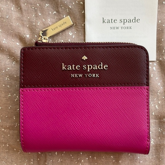 Brand New Kate Spade Genuine Leather Pink & Burgundy Zippered Wallet Colorblock - Picture 15 of 15